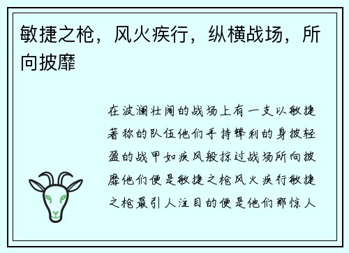 敏捷之枪，风火疾行，纵横战场，所向披靡