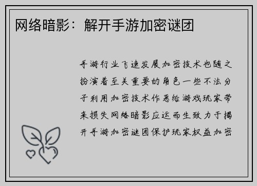 网络暗影：解开手游加密谜团